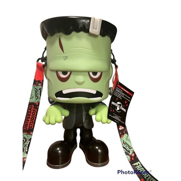 Universal Studios Large Frankenstein Popcorn Bucket Container Halloween Lanyard - Picture 7 of 10